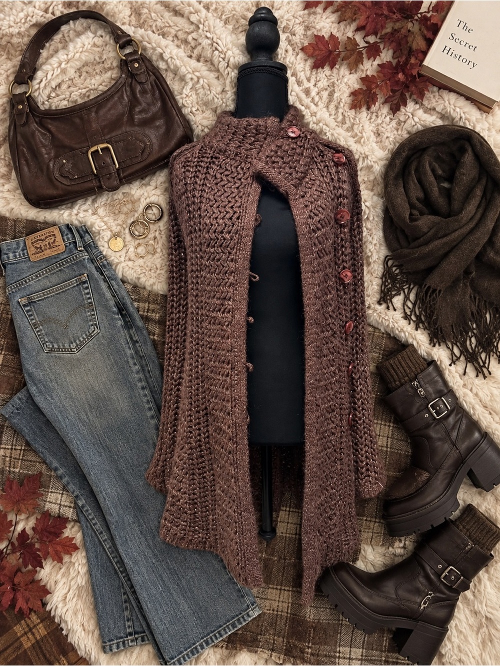 Women’s Brown Chunky Knit Button Front Cape Cardigan Sweater Open Front Boho Y2K